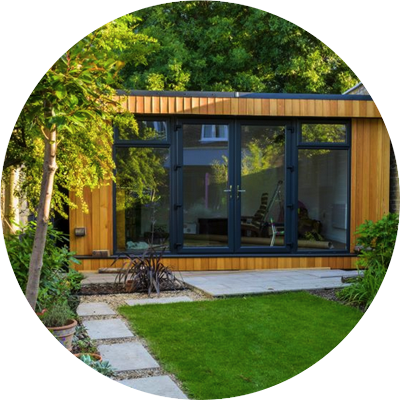 garden room office in light wood cladding